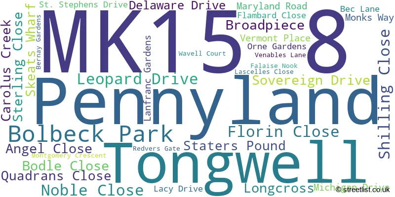 A word cloud for the MK15 8 postcode